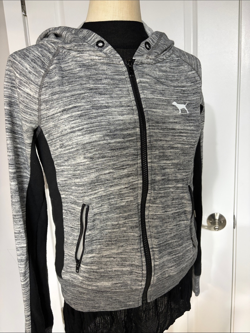 PINK Victoria's Secret Gray Heather Zip Hoodie with Black Panels